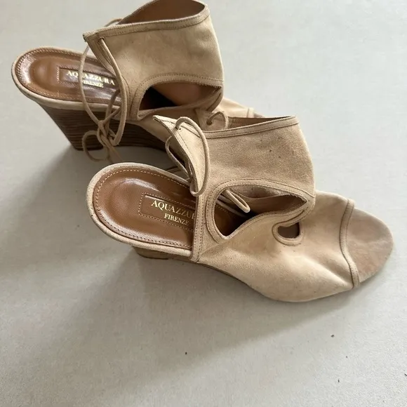 Aquazzura Women's Suede Ankle Tie Wedge Heels Shoes Size 39 Tan