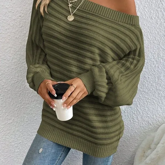 Army Green Casual Women's Boat Neck Batwing Sleeve Textured Knit Sweater