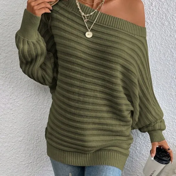 Army Green Casual Women's Boat Neck Batwing Sleeve Textured Knit Sweater