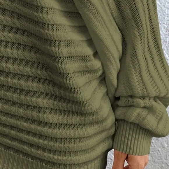 Army Green Casual Women's Boat Neck Batwing Sleeve Textured Knit Sweater