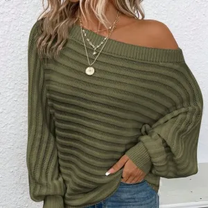Army Green Casual Women's Boat Neck Batwing Sleeve Textured Knit Sweater