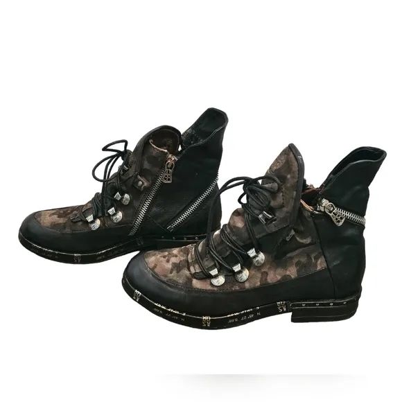 A.S 98 Black and Camo Combat Zippered Moto Biker Boots Size 36 ~ US 6