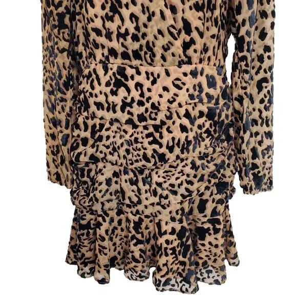 ASTR DRESS WOMEN'S SMALL LEOPARD  NIKITA TIERED RUFFLE HEM SHORT MINI VELVET