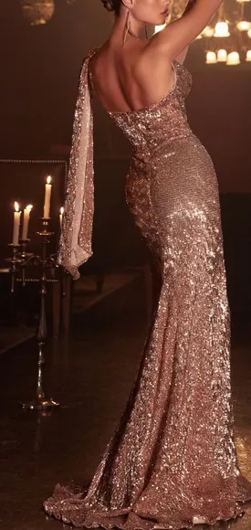 Asymmetrical high slit sheath sequin gown, burgundy, navy blue , or rose gold