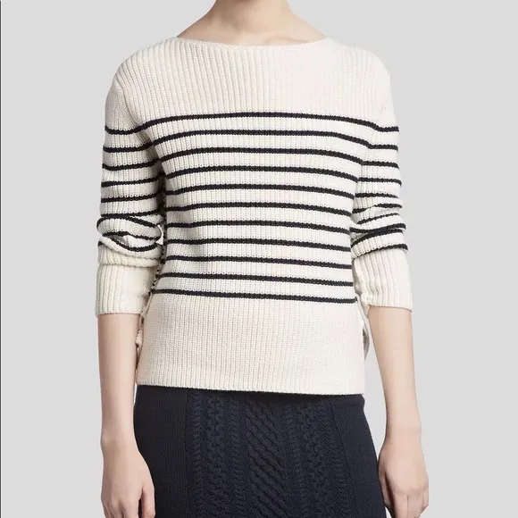ATM Wool Blend Boatneck ribbed knit pullover Sweater - Cream/ Midnight