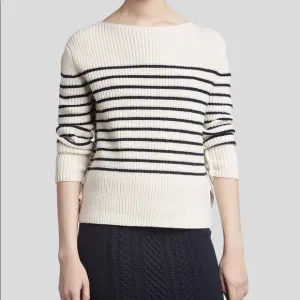 ATM Wool Blend Boatneck ribbed knit pullover Sweater - Cream/ Midnight