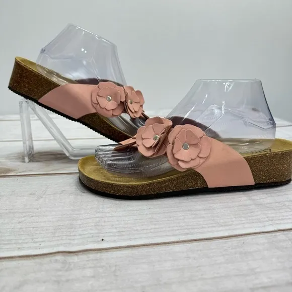 Autenti Pale Pink Genuine Leather Flowers Flip Flop Thong Sandals Size 39 US 8.5