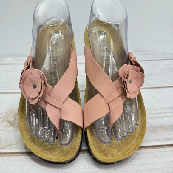 Autenti Pale Pink Genuine Leather Flowers Flip Flop Thong Sandals Size 39 US 8.5