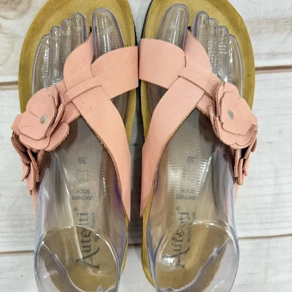 Autenti Pale Pink Genuine Leather Flowers Flip Flop Thong Sandals Size 39 US 8.5