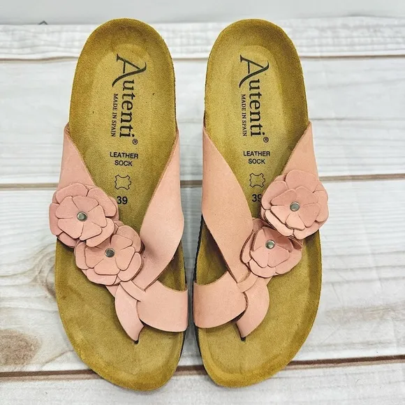 Autenti Pale Pink Genuine Leather Flowers Flip Flop Thong Sandals Size 39 US 8.5