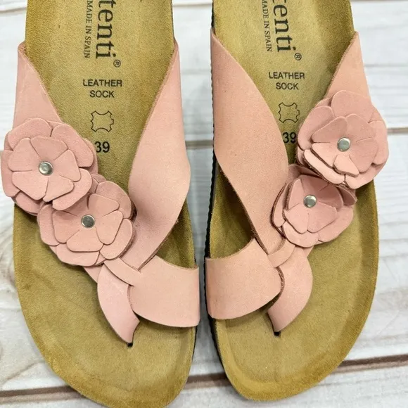 Autenti Pale Pink Genuine Leather Flowers Flip Flop Thong Sandals Size 39 US 8.5