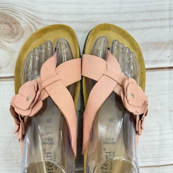 Autenti Pale Pink Genuine Leather Flowers Flip Flop Thong Sandals Size 39 US 8.5