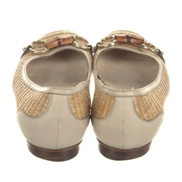 Authentic Gucci Ballet Flats Woven Rafia Leather Bamboo Horsebit Size 6