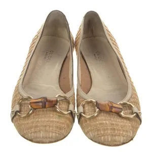 Authentic Gucci Ballet Flats Woven Rafia Leather Bamboo Horsebit Size 6