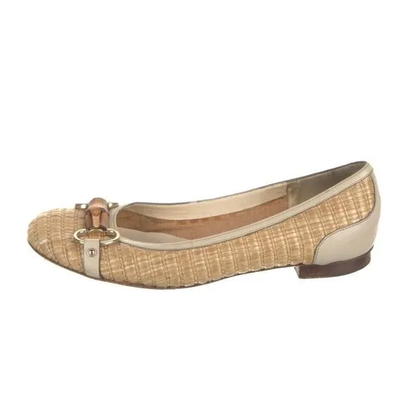 Authentic Gucci Ballet Flats Woven Rafia Leather Bamboo Horsebit Size 6
