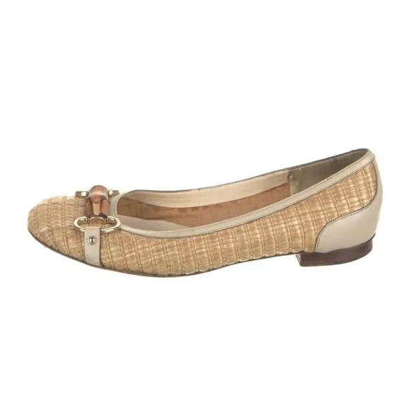 Authentic Gucci Ballet Flats Woven Rafia Leather Bamboo Horsebit Size 6