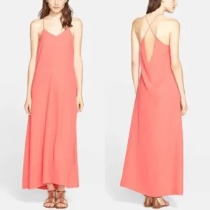 AYR The Only Coral Spaghetti Criss Cross Back Strap Slit Maxi Dress Size 2