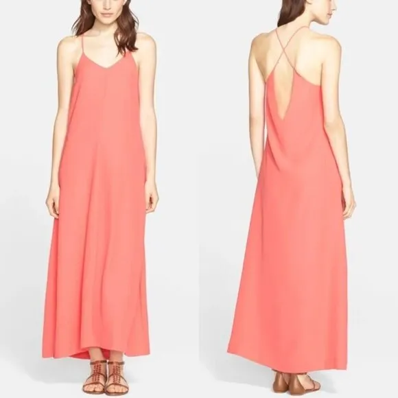 AYR The Only Coral Spaghetti Criss Cross Back Strap Slit Maxi Dress Size 2