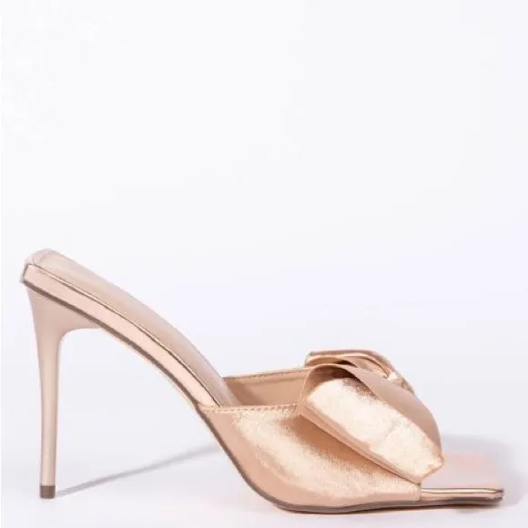 Azalea Wang Golden Beige Satin Bow Stiletto High Heel Mule Sandals