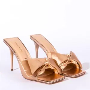 Azalea Wang Golden Beige Satin Bow Stiletto High Heel Mule Sandals
