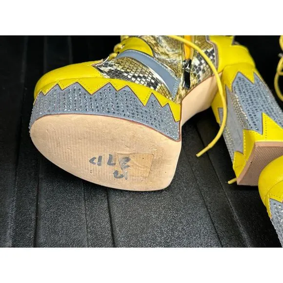 Azalea Wang Yellow and Silver snakeskin platform lace up boots size 8.5