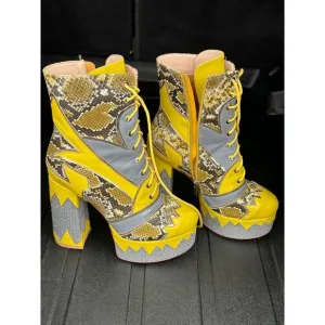 Azalea Wang Yellow and Silver snakeskin platform lace up boots size 8.5