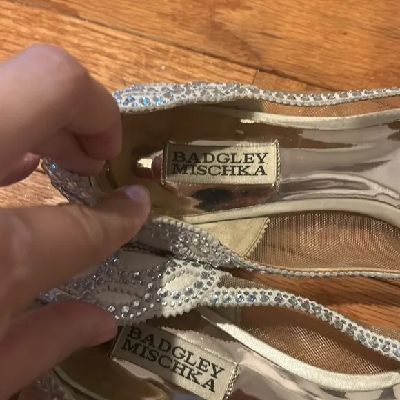 Badgley Mischka Gigi Silver Crystal Embellished Beige Mesh Pointed Toe Flats