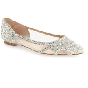 Badgley Mischka Gigi Silver Crystal Embellished Beige Mesh Pointed Toe Flats