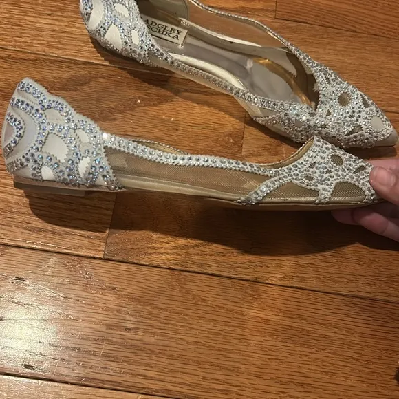 Badgley Mischka Gigi Silver Crystal Embellished Beige Mesh Pointed Toe Flats