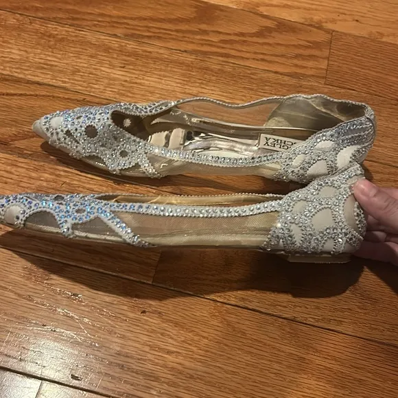 Badgley Mischka Gigi Silver Crystal Embellished Beige Mesh Pointed Toe Flats