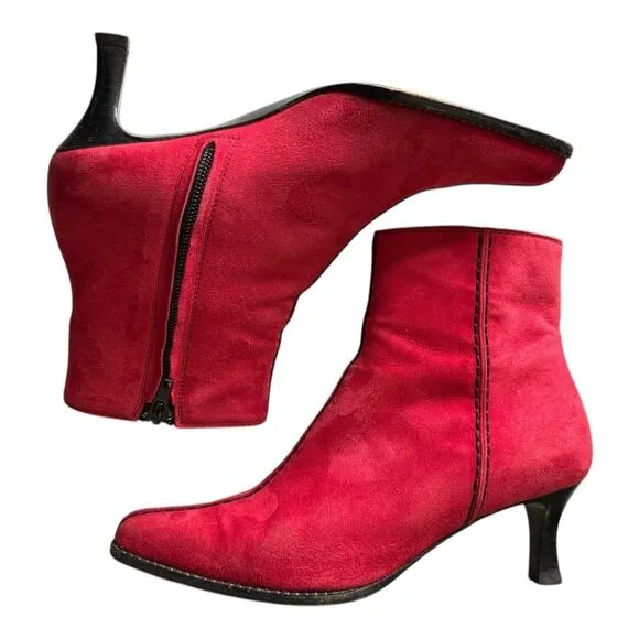 Bally Sexy Red suede &amp; black exposed stitching bootie with kitten heel size 5