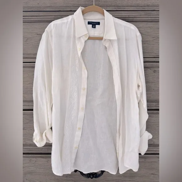 Banana Republic 100% Linen Shirt Embroidered Collared Button Down Classic Whi…