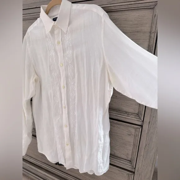 Banana Republic 100% Linen Shirt Embroidered Collared Button Down Classic Whi…
