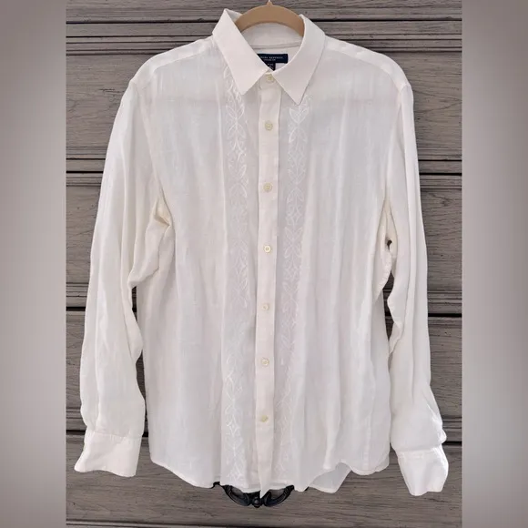 Banana Republic 100% Linen Shirt Embroidered Collared Button Down Classic Whi…