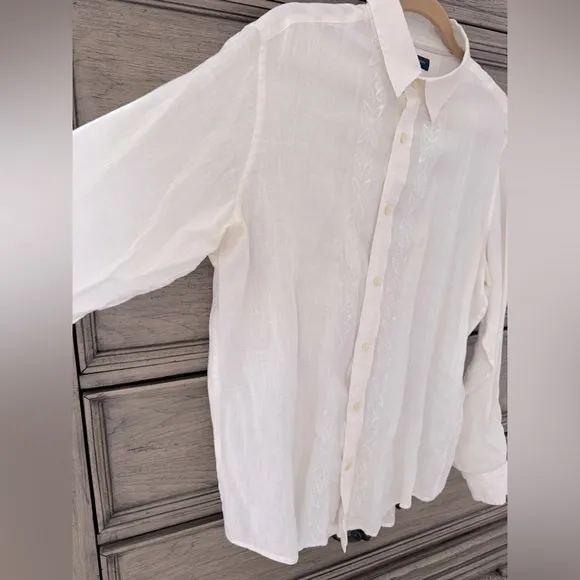 Banana Republic 100% Linen Shirt Embroidered Collared Button Down Classic Whi…