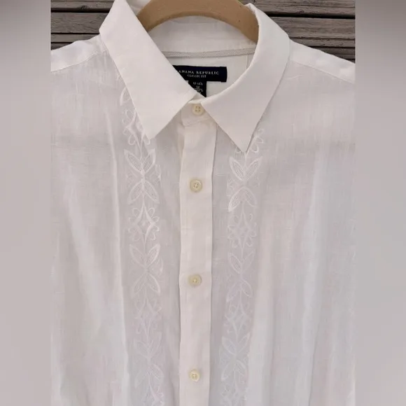 Banana Republic 100% Linen Shirt Embroidered Collared Button Down Classic Whi…