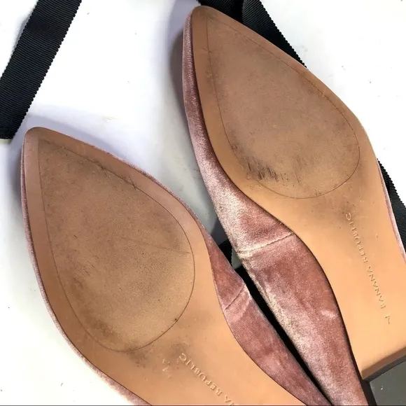 Banana Republic blush pink velvet pointy toe flats black ribbon ankle tie 7