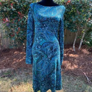 BANANA REPUBLIC Paisley print boat neck long sleeve silk  bodycon cocktail dress