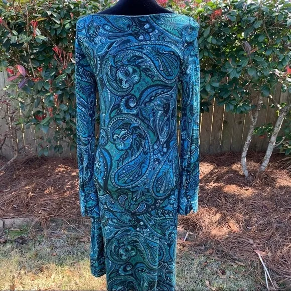 BANANA REPUBLIC Paisley print boat neck long sleeve silk  bodycon cocktail dress