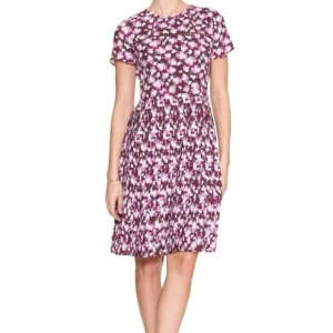 Banana Republic Petite Floral Pleated Easter Dress 2P Burgundy Pink Short Sleeve