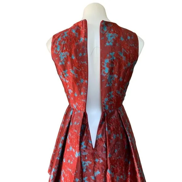 BB Dakota Cocktail Dress Box Pleated Red Brocade Abstract Fit Flare Size 2