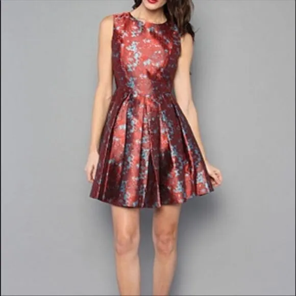 BB Dakota Cocktail Dress Box Pleated Red Brocade Abstract Fit Flare Size 2