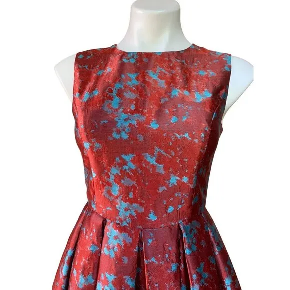 BB Dakota Cocktail Dress Box Pleated Red Brocade Abstract Fit Flare Size 2