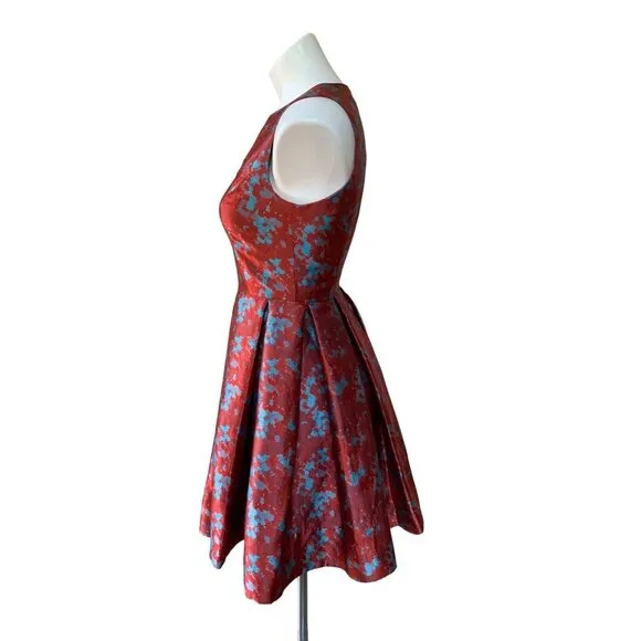 BB Dakota Cocktail Dress Box Pleated Red Brocade Abstract Fit Flare Size 2