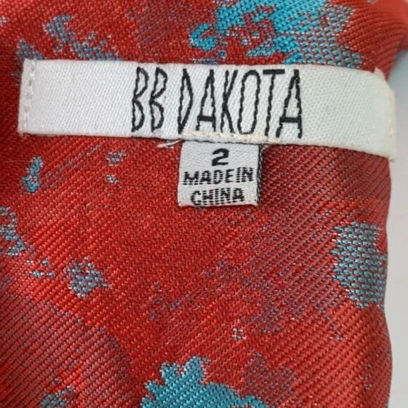 BB Dakota Cocktail Dress Box Pleated Red Brocade Abstract Fit Flare Size 2