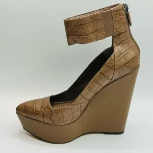 BCBG MAXAZRIA Arcade Wedge Sandals Platform Leather Croc Mushroom US7 EU37