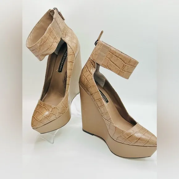 BCBG MAXAZRIA Arcade Wedge Sandals Platform Leather Croc Mushroom US7 EU37