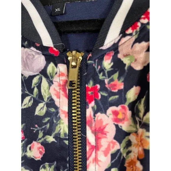 Beau Hudson Jacket Women XL Blue Floral Bomber Preppy Retro Stripe Feminine Cute