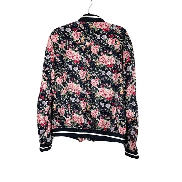 Beau Hudson Jacket Women XL Blue Floral Bomber Preppy Retro Stripe Feminine Cute