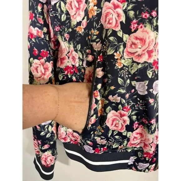 Beau Hudson Jacket Women XL Blue Floral Bomber Preppy Retro Stripe Feminine Cute